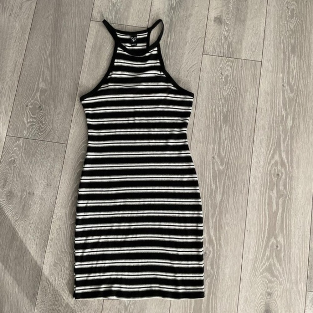 Windsor Womens Black White Striped Cotton Spandex Halter Mini Dress L RD34681S